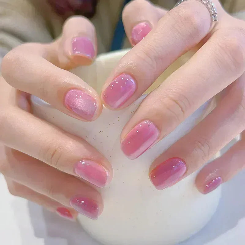 24Pcs Purple Cat Eye Fake Nails Square Head French Ballet Nails Short Press on Nails Wearable Full Cover Acrylic Fake Nail Tips