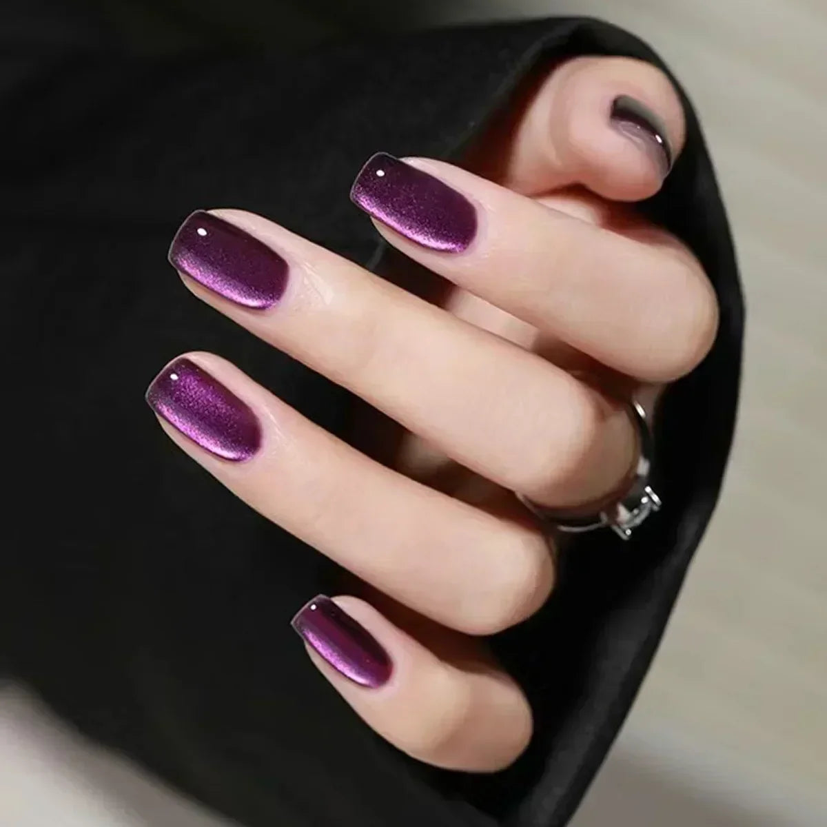 24Pcs Purple Cat Eye Fake Nails Square Head French Ballet Nails Short Press on Nails Wearable Full Cover Acrylic Fake Nail Tips