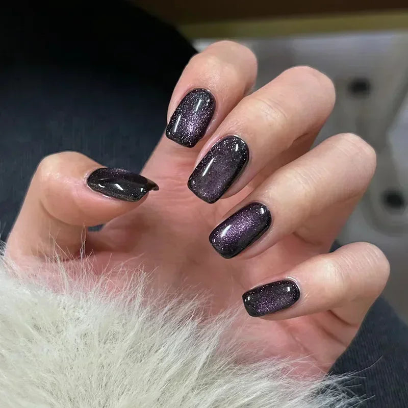 24Pcs Purple Cat Eye Fake Nails Square Head French Ballet Nails Short Press on Nails Wearable Full Cover Acrylic Fake Nail Tips