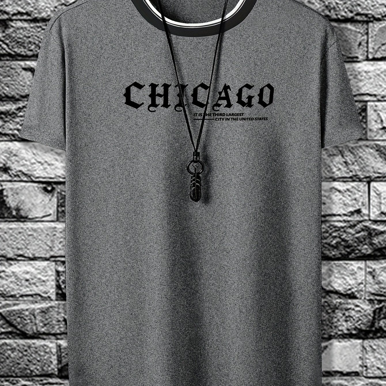 CHICAGO Print Men's Casual Sports Short Sleeve Crew Neck T-shirt, Summer Outdoor