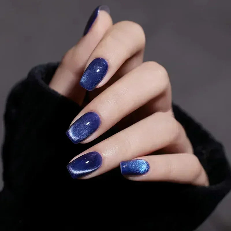 24Pcs Purple Cat Eye Fake Nails Square Head French Ballet Nails Short Press on Nails Wearable Full Cover Acrylic Fake Nail Tips