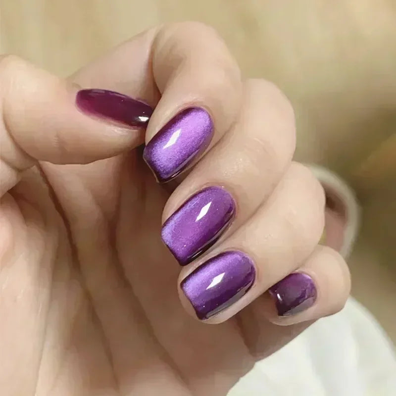 24Pcs Purple Cat Eye Fake Nails Square Head French Ballet Nails Short Press on Nails Wearable Full Cover Acrylic Fake Nail Tips