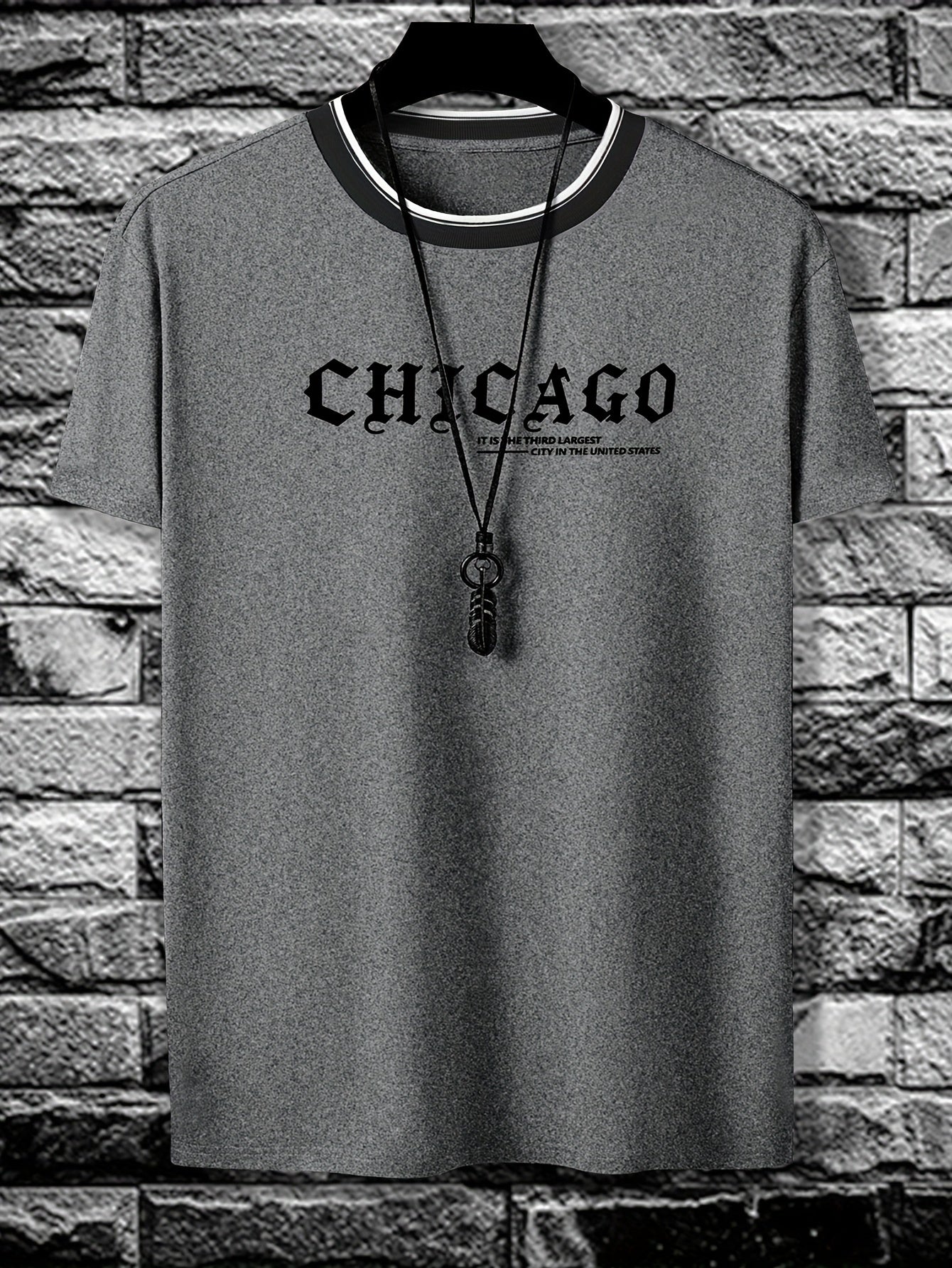 CHICAGO Print Men's Casual Sports Short Sleeve Crew Neck T-shirt, Summer Outdoor