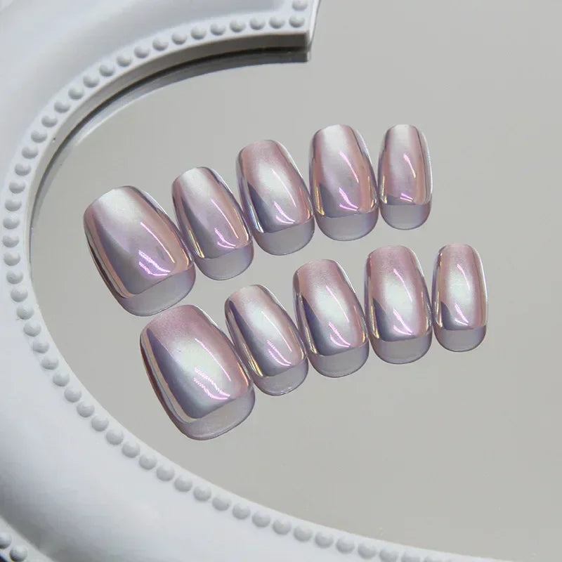 24Pcs Purple Cat Eye Fake Nails Square Head French Ballet Nails Short Press on Nails Wearable Full Cover Acrylic Fake Nail Tips