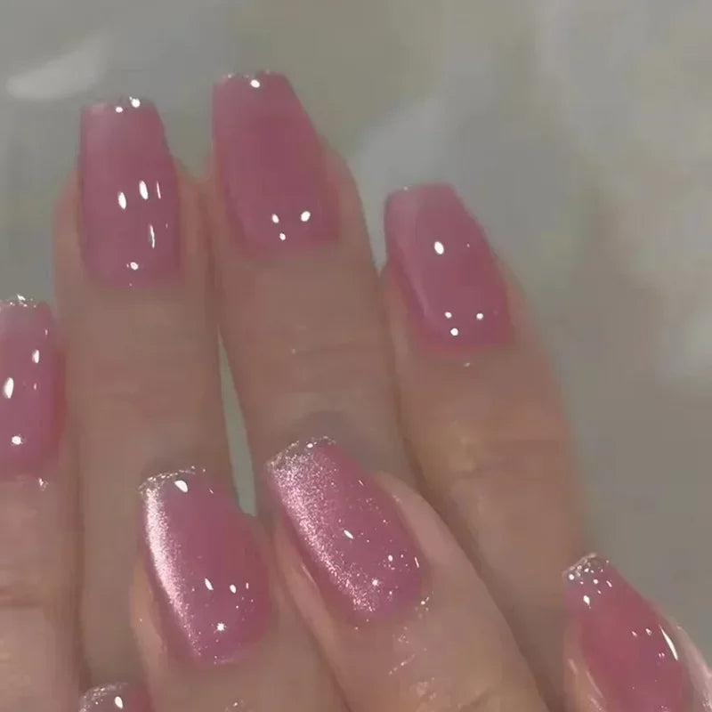 24Pcs Purple Cat Eye Fake Nails Square Head French Ballet Nails Short Press on Nails Wearable Full Cover Acrylic Fake Nail Tips