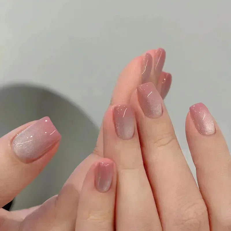 24Pcs Purple Cat Eye Fake Nails Square Head French Ballet Nails Short Press on Nails Wearable Full Cover Acrylic Fake Nail Tips
