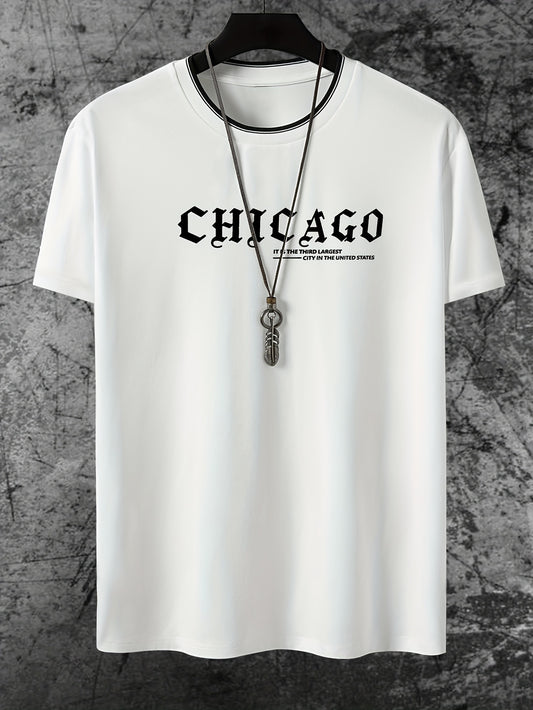 CHICAGO Print Men's Casual Sports Short Sleeve Crew Neck T-shirt, Summer Outdoor